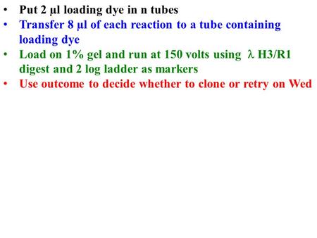 Put 2 µl loading dye in n tubes Transfer 8 µl of each reaction to a tube containing loading dye Load on 1% gel and run at 150 volts using H3/R1 digest.