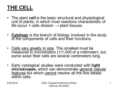 5/20/2015DMA: Chapter 8 Hartmann's Plant Science, 4th edition 1 THE CELL The plant cell is the basic structural and physiological unit of plants, in which.