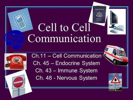 Cell to Cell Communication Ch.11 – Cell Communication Ch. 45 – Endocrine System Ch. 43 – Immune System Ch. 48 - Nervous System.