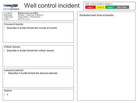 Well control incident Location:Block xx/xx on NCS Rig type: Floater / Jack-up / Platform Well type:Exploration / Production Date:dd.mm.yyyy Course of events: