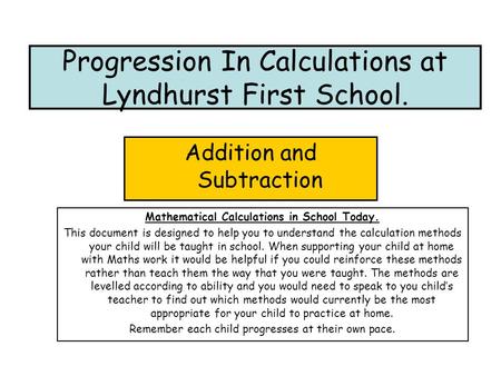 Progression In Calculations at Lyndhurst First School.