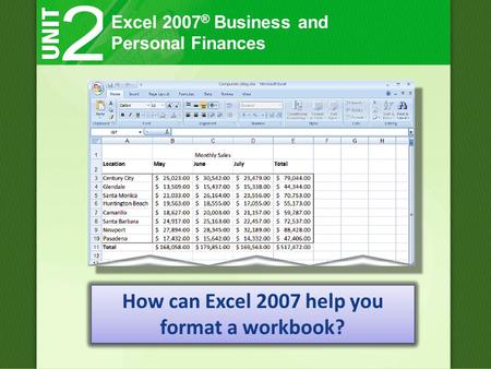 Excel 2007 ® Business and Personal Finances How can Excel 2007 help you format a workbook?