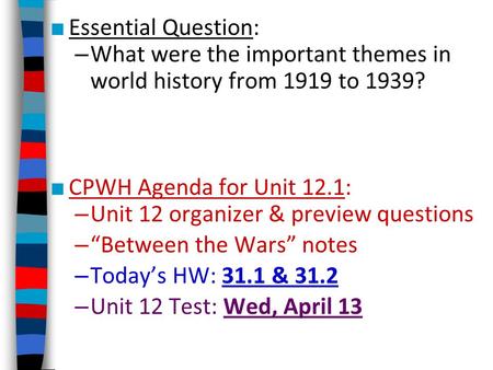 What were the important themes in world history from 1919 to 1939?