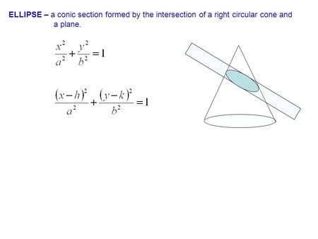 ELLIPSE – a conic section formed by the intersection of a right circular cone and a plane.