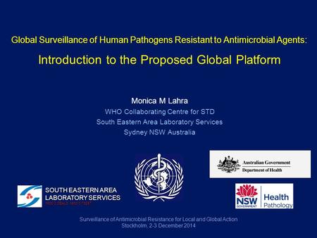 Global Surveillance of Human Pathogens Resistant to Antimicrobial Agents: Introduction to the Proposed Global Platform Monica M Lahra WHO Collaborating.