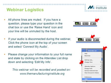 Webinar Logistics  All phone lines are muted. If you have a question, please type your question in the chat box or use the ‘Raise Hand’ icon and your.