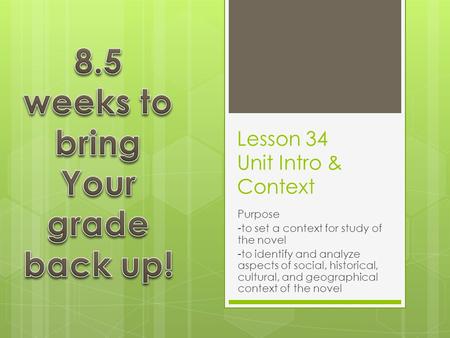 Lesson 34 Unit Intro & Context Purpose -to set a context for study of the novel -to identify and analyze aspects of social, historical, cultural, and geographical.