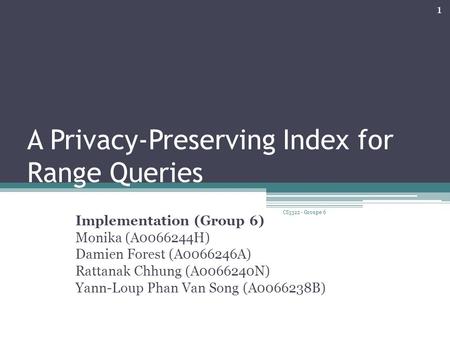 Implementation (Group 6) Monika (A0066244H) Damien Forest (A0066246A) Rattanak Chhung (A0066240N) Yann-Loup Phan Van Song (A0066238B) 1 CS5322 - Groupe.