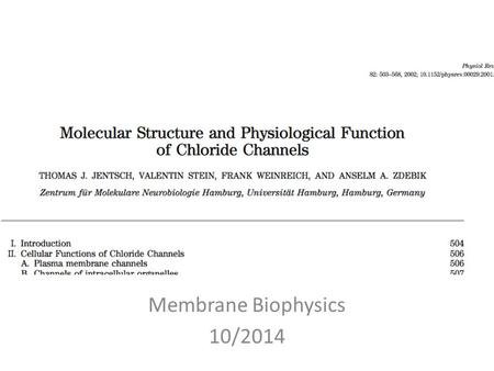 Membrane Biophysics 10/2014. Anion Channels Selectivity gradient Plasma membrane; intracellular organelle membranes Set Resting Potential Provide transport,