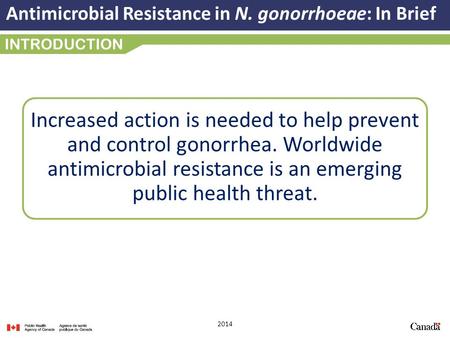 Antimicrobial Resistance in N. gonorrhoeae: In Brief 2014 INTRODUCTION Increased action is needed to help prevent and control gonorrhea. Worldwide antimicrobial.