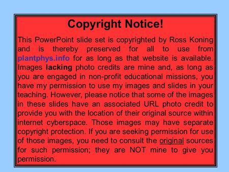 Copyright Notice! This PowerPoint slide set is copyrighted by Ross Koning and is thereby preserved for all to use from plantphys.info for as long as that.