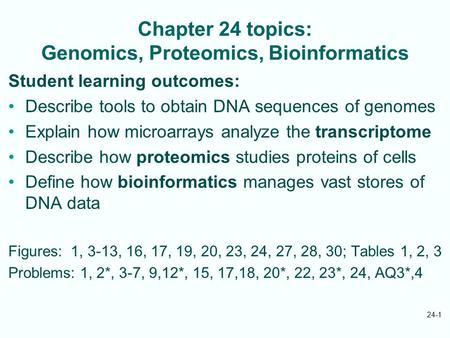 Chapter 24 topics: Genomics, Proteomics, Bioinformatics