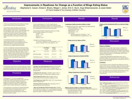 Improvements in Readiness for Change as a Function of Binge Eating Status Stephanie E. Cassin, Krista E. Brown, Megan I. Jones, Erin C. Dunn, Suja Srikameswaran,