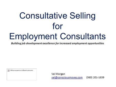 Consultative Selling for Employment Consultants Building job development excellence for increased employment opportunities Val Morgan