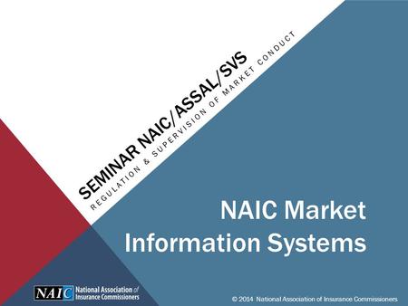 SEMINAR NAIC/ASSAL/SVS REGULATION & SUPERVISION OF MARKET CONDUCT © 2014 National Association of Insurance Commissioners NAIC Market Information Systems.