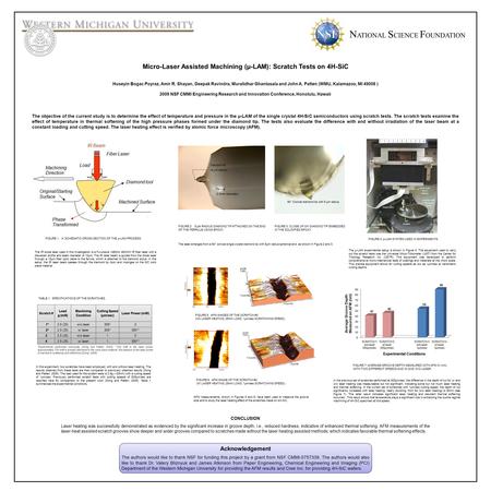 Huseyin Bogac Poyraz, Amir R. Shayan, Deepak Ravindra, Muralidhar Ghantasala and John A. Patten (WMU, Kalamazoo, MI 49008 ) 2009 NSF CMMI Engineering Research.