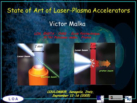 L O A Victor Malka LOA, ENSTA – CNRS - École Polytechnique, 91761 Palaiseau cedex, France COULOMB05, Senagolia, Italy, September 12-16 (2005) State of.