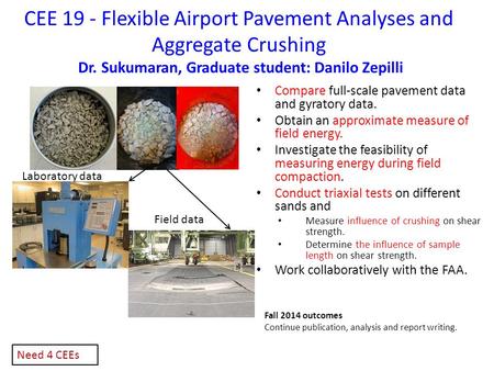 CEE 19 - Flexible Airport Pavement Analyses and Aggregate Crushing Dr. Sukumaran, Graduate student: Danilo Zepilli Compare full-scale pavement data and.