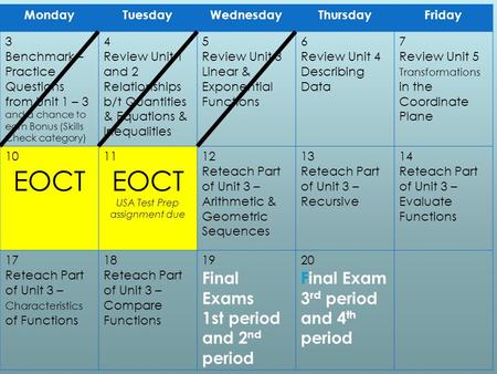 MondayTuesdayWednesdayThursdayFriday 3 Benchmark – Practice Questions from Unit 1 – 3 and a chance to earn Bonus (Skills Check category) 4 Review Unit.