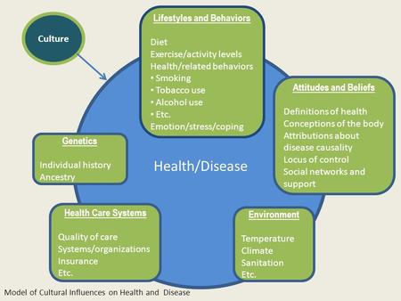 Health/Disease Culture Environment Temperature Climate Sanitation Etc. Attitudes and Beliefs Definitions of health Conceptions of the body Attributions.