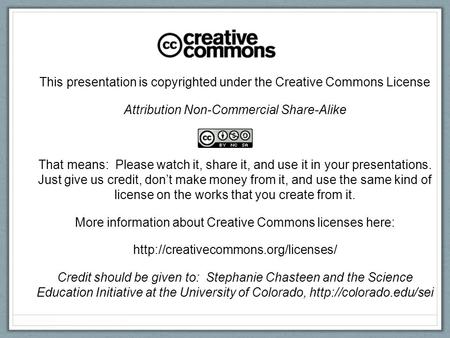 This presentation is copyrighted under the Creative Commons License Attribution Non-Commercial Share-Alike That means: Please watch it, share it, and use.