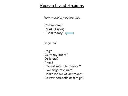 New monetary economics Commitment Rules (Taylor) Fiscal theory Research and Regimes Regimes Peg? Currency board? Dollarize? Float? Interest rate rule (Taylor)?