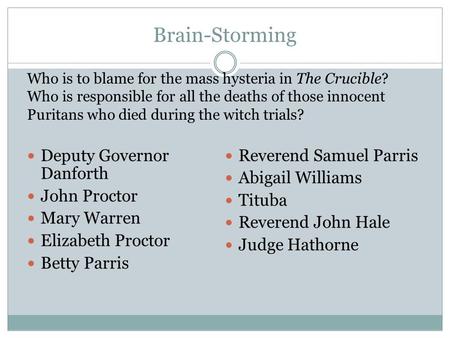 Brain-Storming Deputy Governor Danforth John Proctor Mary Warren Elizabeth Proctor Betty Parris Reverend Samuel Parris Abigail Williams Tituba Reverend.