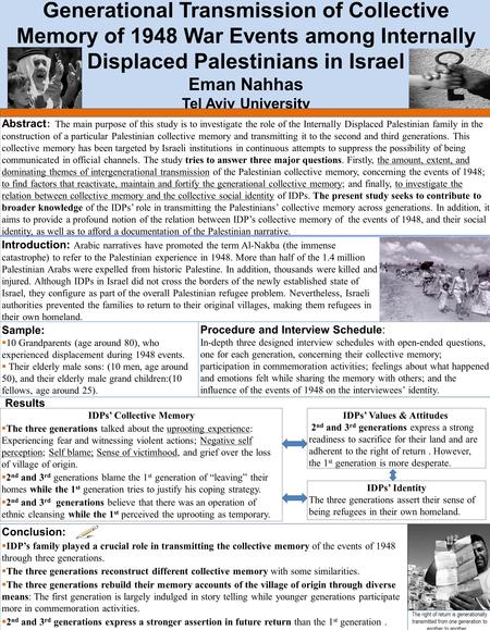 Generational Transmission of Collective Memory of 1948 War Events among Internally Displaced Palestinians in Israel Eman Nahhas Tel Aviv University Abstract.