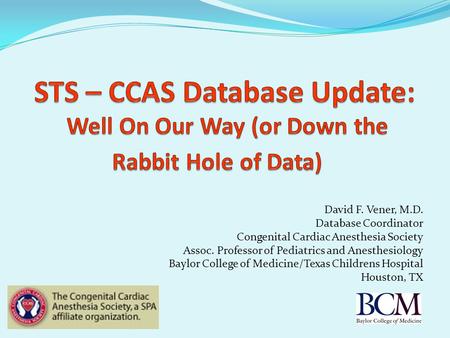 David F. Vener, M.D. Database Coordinator Congenital Cardiac Anesthesia Society Assoc. Professor of Pediatrics and Anesthesiology Baylor College of Medicine/Texas.