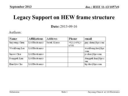 Submission doc.: IEEE 11-13/1057r0 September 2013 Jinyoung Chun et. al, LG ElectronicsSlide 1 Legacy Support on HEW frame structure Date: 2013-09-16 Authors: