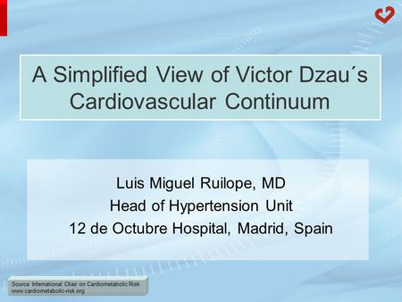 Source: International Chair on Cardiometabolic Risk www.cardiometabolic-risk.org A Simplified View of Victor Dzau´s Cardiovascular Continuum Luis Miguel.