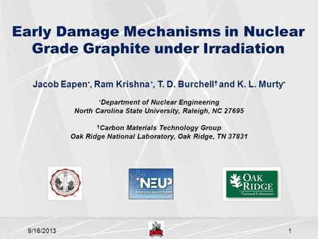 Early Damage Mechanisms in Nuclear Grade Graphite under Irradiation Jacob Eapen, Ram Krishna, T. D. Burchell † and K. L. Murty Department of Nuclear Engineering.