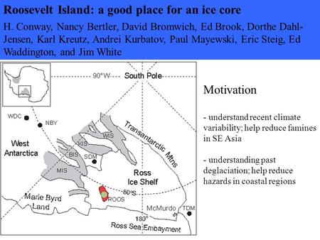 Roosevelt Island: a good place for an ice core H. Conway, Nancy Bertler, David Bromwich, Ed Brook, Dorthe Dahl- Jensen, Karl Kreutz, Andrei Kurbatov, Paul.