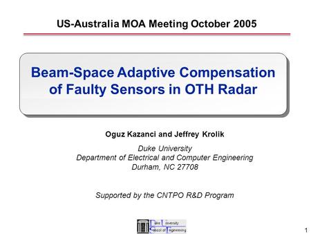 1 Oguz Kazanci and Jeffrey Krolik Duke University Department of Electrical and Computer Engineering Durham, NC 27708 Supported by the CNTPO R&D Program.