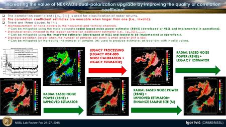 Increasing the value of NEXRAD's dual-polarization upgrade by improving the quality of correlation coefficient NSSL Lab Review Feb 25–27, 2015 Igor Ivić.