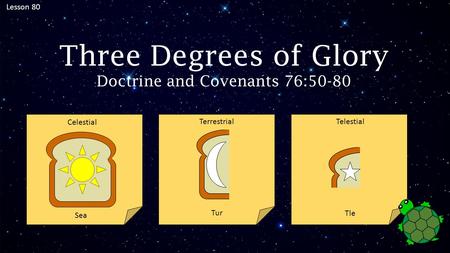 Lesson 80 Three Degrees of Glory Doctrine and Covenants 76:50-80 Sea Tur Tle Celestial Terrestrial Telestial.