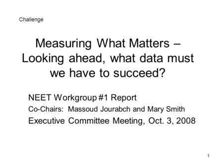 1 Measuring What Matters – Looking ahead, what data must we have to succeed? NEET Workgroup #1 Report Co-Chairs: Massoud Jourabch and Mary Smith Executive.