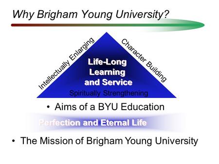 Why Brigham Young University? Intellectually Enlarging Spiritually Strengthening Character Building Life-Long Learning and Service Life-Long Learning and.