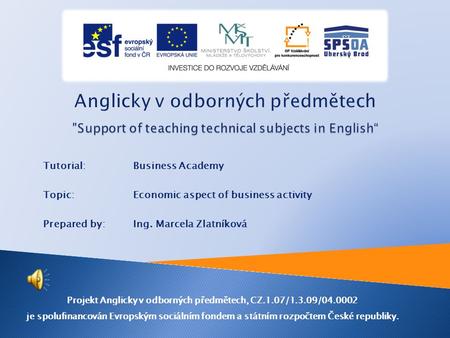 Tutorial:Business Academy Topic: Economic aspect of business activity Prepared by:Ing. Marcela Zlatníková Projekt Anglicky v odborných předmětech, CZ.1.07/1.3.09/04.0002.