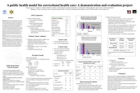 Background: Medical and correctional professionals are increasingly realizing the extent to which chronic and infectious disease, mental illness, and substance.