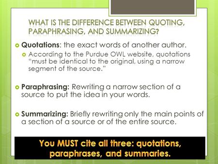  Quotations : the exact words of another author.  According to the Purdue OWL website, quotations “must be identical to the original, using a narrow.