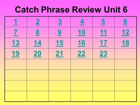 6 789101112 131415161718 1920212223 Catch Phrase Review Unit 6 54321.