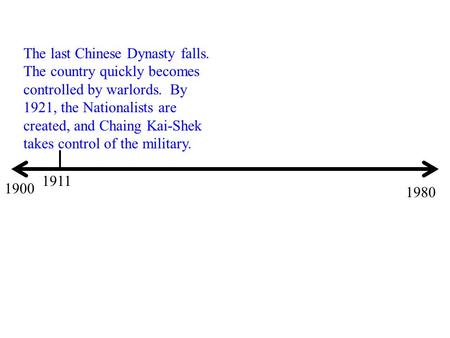 1900 1980 1911 The last Chinese Dynasty falls. The country quickly becomes controlled by warlords. By 1921, the Nationalists are created, and Chaing Kai-Shek.