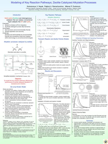 Modeling of Key Reaction Pathways; Zeolite Catalyzed Alkylation Processes Subramanya V. Nayak, Palghat A. Ramachandran, Milorad P. Dudukovic Chemical Reaction.