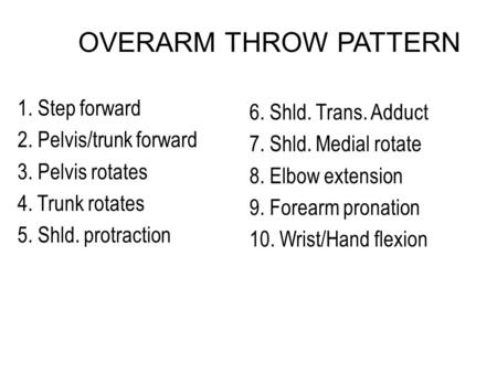 OVERARM THROW PATTERN 1. Step forward 2. Pelvis/trunk forward 3. Pelvis rotates 4. Trunk rotates 5. Shld. protraction 6. Shld. Trans. Adduct 7. Shld. Medial.