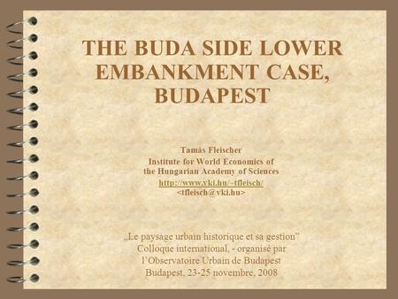 THE BUDA SIDE LOWER EMBANKMENT CASE, BUDAPEST Tamás Fleischer Institute for World Economics of the Hungarian Academy of Sciences