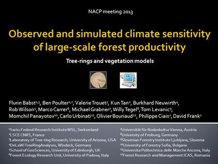 Tree-rings and vegetation models NACP meeting 2013 Flurin Babst 1,3, Ben Poulter 1,2, Valerie Trouet 3, Kun Tan 2, Burkhard Neuwirth 4, Rob Wilson 5, Marco.