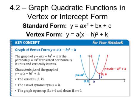 4.2 – Graph Quadratic Functions in Vertex or Intercept Form Standard Form: y = ax 2 + bx + c Vertex Form: y = a(x – h) 2 + k.