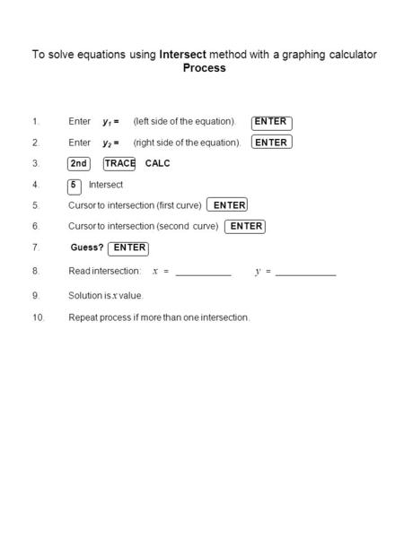 To solve equations using Intersect method with a graphing calculator Process 1.Enter y 1 = (left side of the equation). ENTER 2.Enter y 2 = (right side.