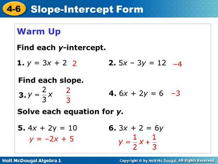 Warm Up Find each y-intercept. 1. y = 3x x – 3y = 12 2 –4